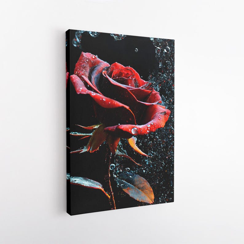 Red Rose Canvas Print, Dramatic Floral Wall Art, Water Drop Flower Photography, Romantic Home Decor Gift