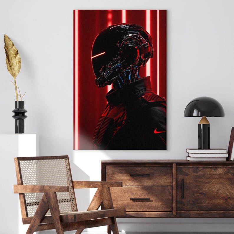 Cyberpunk Robot Wall Art, Futuristic Sci-Fi Canvas Print, Dark Red and Black Man Cave Decor, Gamer Room Art