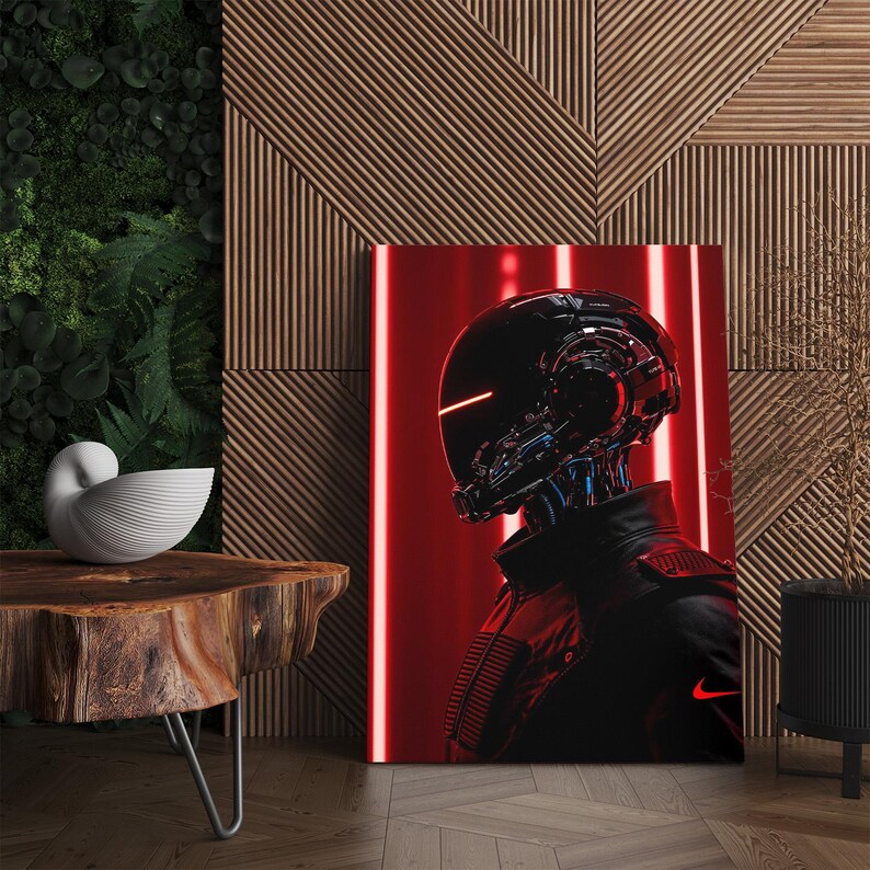 Cyberpunk Robot Wall Art, Futuristic Sci-Fi Canvas Print, Dark Red and Black Man Cave Decor, Gamer Room Art
