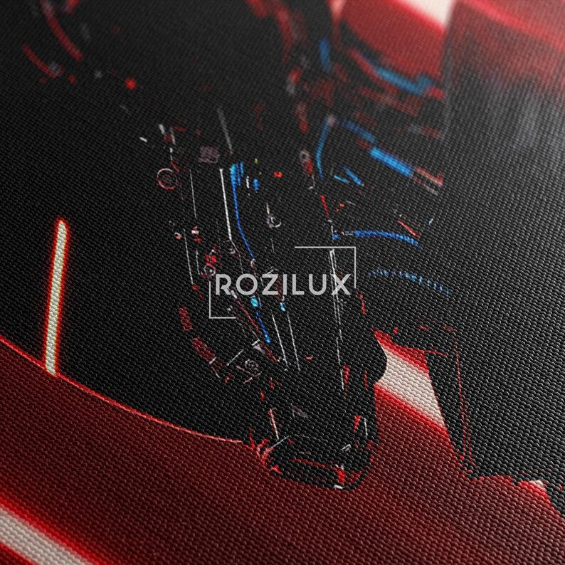 Cyberpunk Robot Wall Art, Futuristic Sci-Fi Canvas Print, Dark Red and Black Man Cave Decor, Gamer Room Art