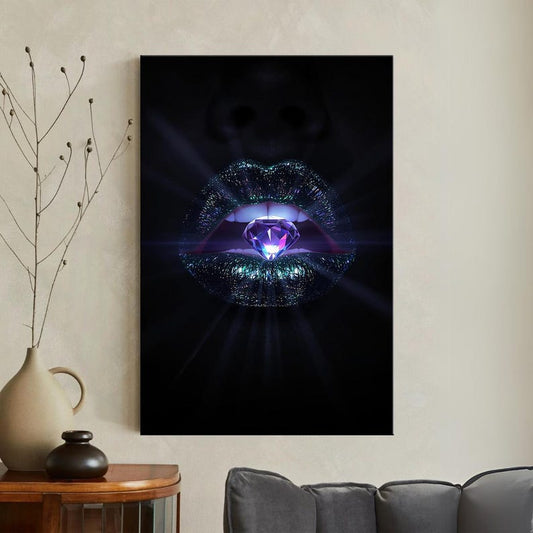 Diamond Lips Canvas Print | Glamorous Sparkle Wall Art | Modern Luxury Home Decor | Edgy Jewel Tone Art