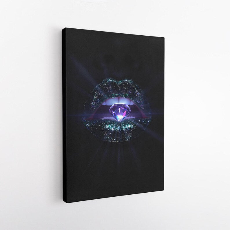 Diamond Lips Canvas Print | Glamorous Sparkle Wall Art | Modern Luxury Home Decor | Edgy Jewel Tone Art