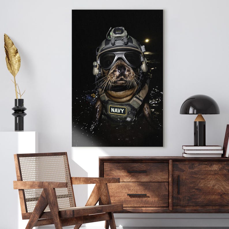 Tactical Navy Seal Animal Canvas Print | Funny Seal Wall Art for Man Cave & Home Decor