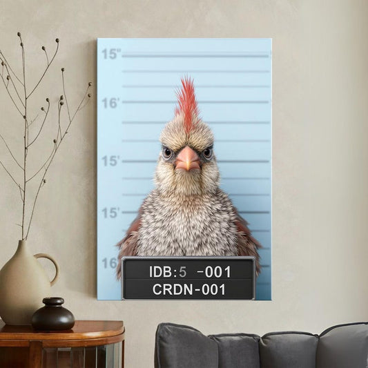 Funny Bird Mugshot Canvas Print | Quirky Cardinal Wall Art for Home Decor | Animal Arrest Photo
