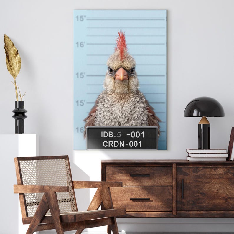 Funny Bird Mugshot Canvas Print | Quirky Cardinal Wall Art for Home Decor | Animal Arrest Photo