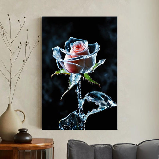 Frozen Rose Canvas Print, Ice Flower Wall Art, Pink Floral Photography Print, Unique Nature Art