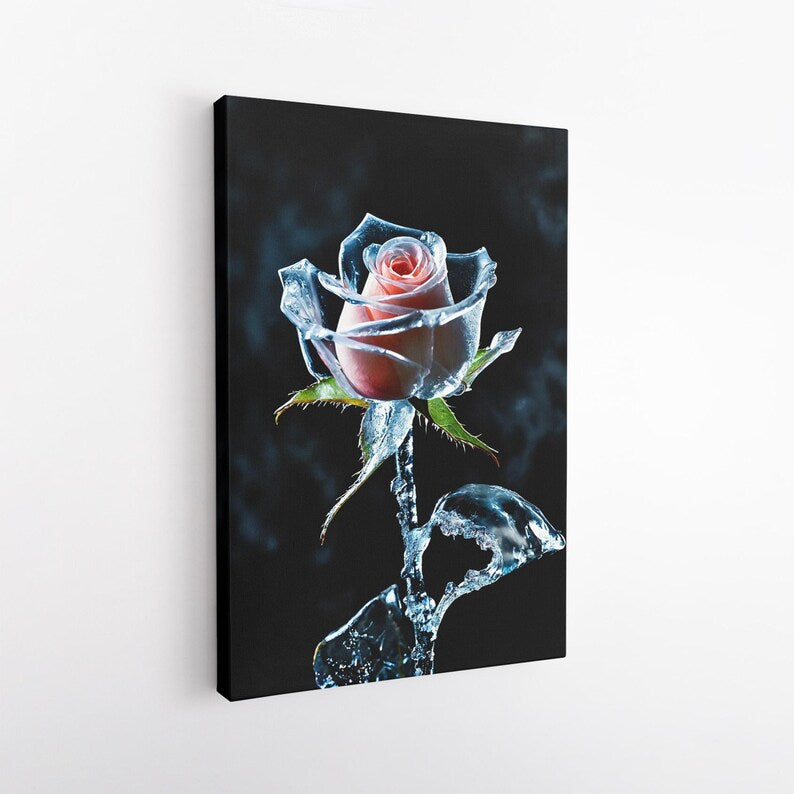 Frozen Rose Canvas Print, Ice Flower Wall Art, Pink Floral Photography Print, Unique Nature Art