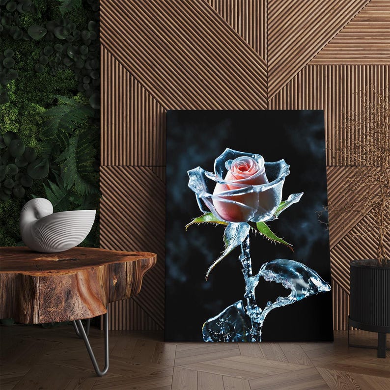 Frozen Rose Canvas Print, Ice Flower Wall Art, Pink Floral Photography Print, Unique Nature Art