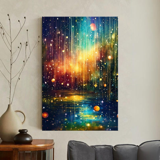 Vibrant Abstract Cosmic Canvas Print | Starry Reflection Wall Art | Glowing Orbs Home Decor