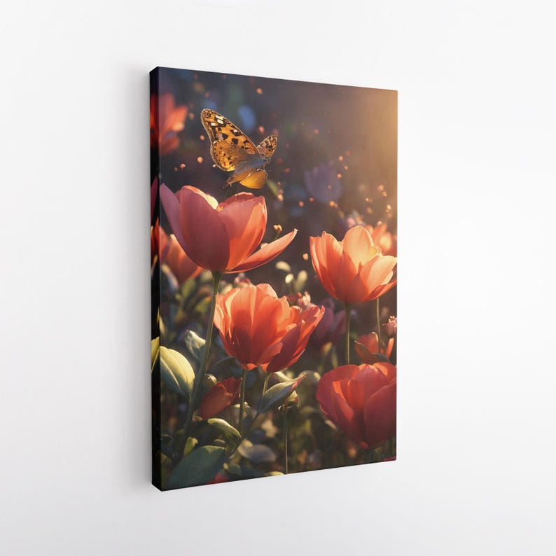 Vibrant Butterfly & Tulip Canvas Print, Golden Light Nature Wall Art, Dreamy Floral Garden Home Decor