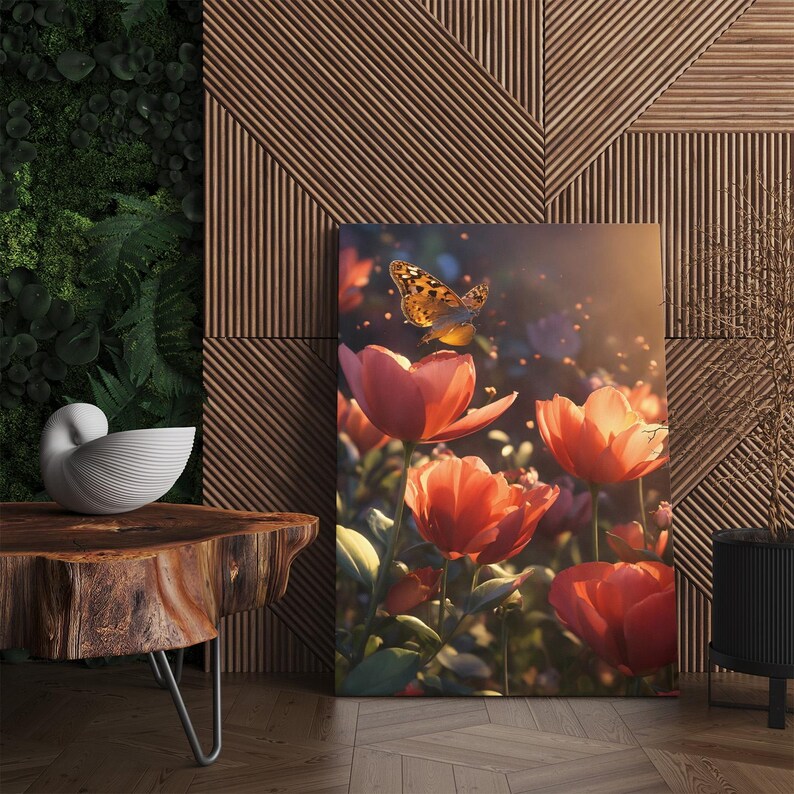 Vibrant Butterfly & Tulip Canvas Print, Golden Light Nature Wall Art, Dreamy Floral Garden Home Decor