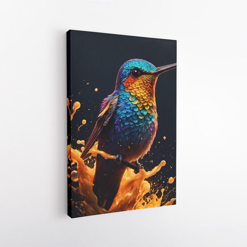 Vibrant Hummingbird Canvas Print | Colorful Bird Wall Art | Abstract Splash Art Decor | Rainbow Animal Art