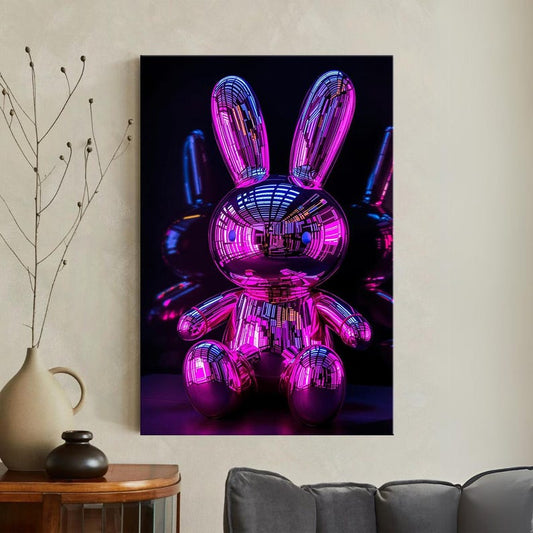 Modern Metallic Rabbit Sculpture Canvas Print | Futuristic Pink Blue Bunny Wall Art | Contemporary Pop Art Home Decor