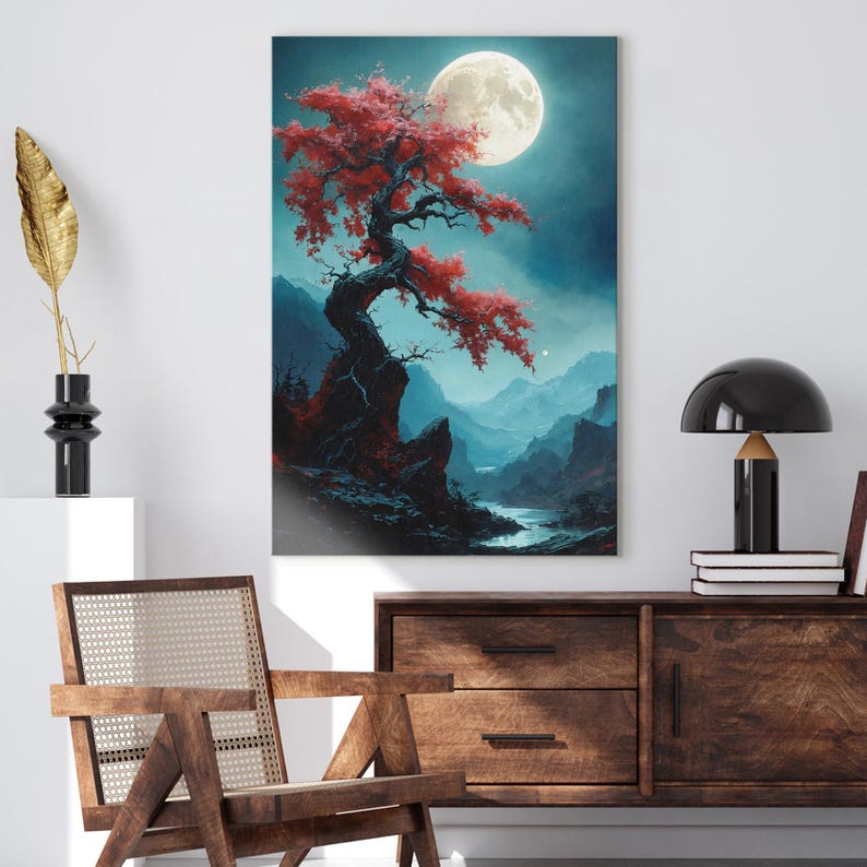 Mystical Red Tree Full Moon Canvas Wall Art | Japanese Style Landscape Print | Tranquil Nature Decor