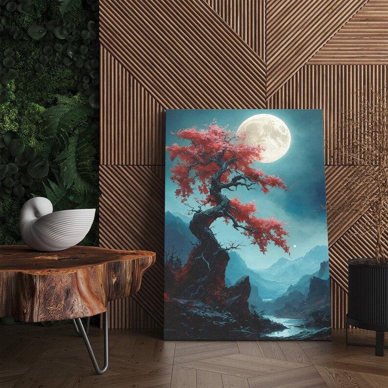 Mystical Red Tree Full Moon Canvas Wall Art | Japanese Style Landscape Print | Tranquil Nature Decor