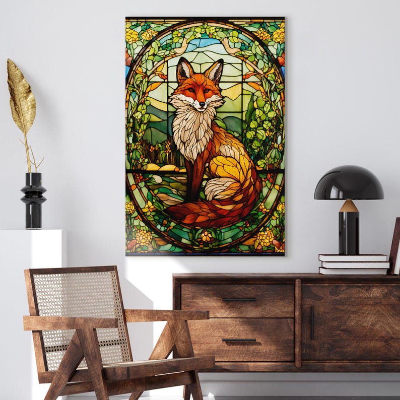 Stained Glass Fox Canvas Print | Art Nouveau Nature Wall Art | Wildlife Animal Decor