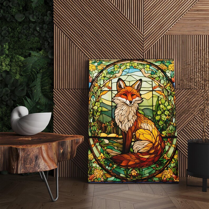 Stained Glass Fox Canvas Print | Art Nouveau Nature Wall Art | Wildlife Animal Decor