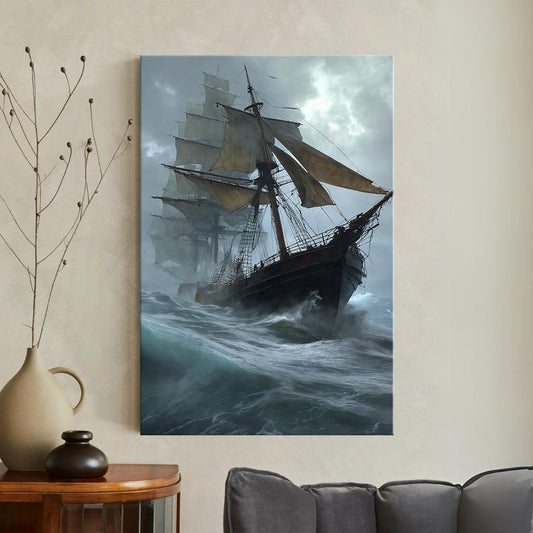 Dramatic Stormy Sea Sailing Ship Canvas Print | Vintage Tall Ship Wall Art | Large Ocean Waves Decor | Nautical Gift