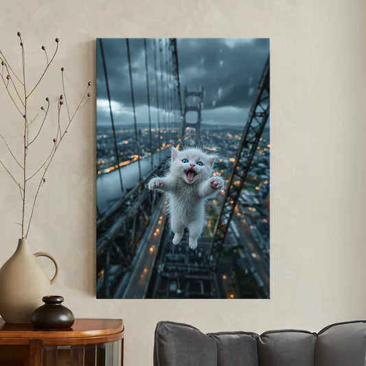 Epic Funny Jumping Cat Canvas Print | Surreal Flying Kitten Wall Art | City Bridge View Home Decor