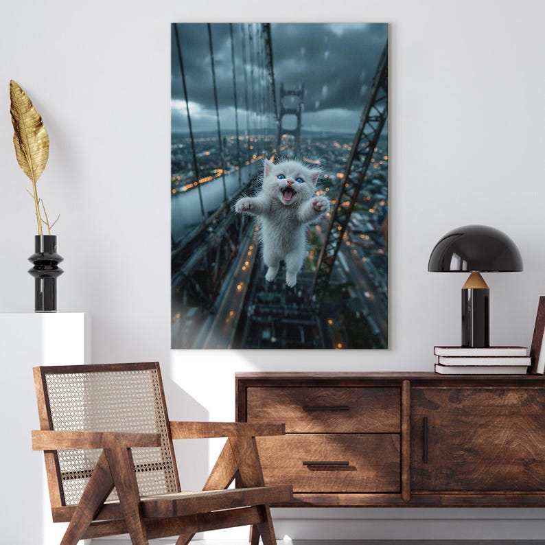 Epic Funny Jumping Cat Canvas Print | Surreal Flying Kitten Wall Art | City Bridge View Home Decor