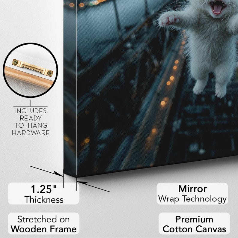 Epic Funny Jumping Cat Canvas Print | Surreal Flying Kitten Wall Art | City Bridge View Home Decor