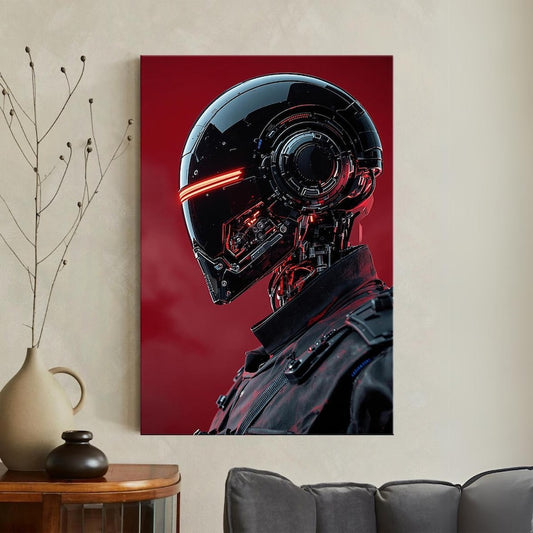 Sci-Fi Robot Canvas Print, Futuristic Cyberpunk Wall Art, Red and Black AI Decor Print, Modern Home Decor