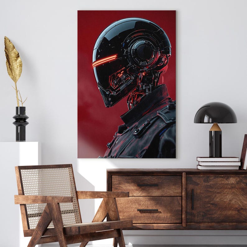 Sci-Fi Robot Canvas Print, Futuristic Cyberpunk Wall Art, Red and Black AI Decor Print, Modern Home Decor