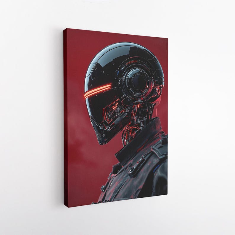 Sci-Fi Robot Canvas Print, Futuristic Cyberpunk Wall Art, Red and Black AI Decor Print, Modern Home Decor