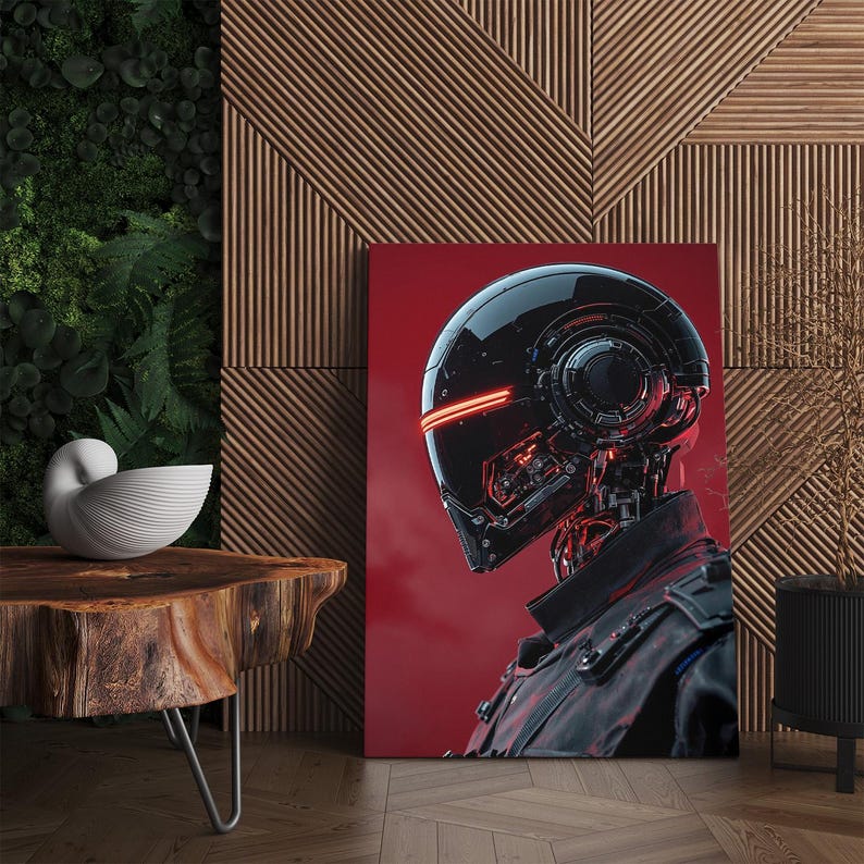 Sci-Fi Robot Canvas Print, Futuristic Cyberpunk Wall Art, Red and Black AI Decor Print, Modern Home Decor