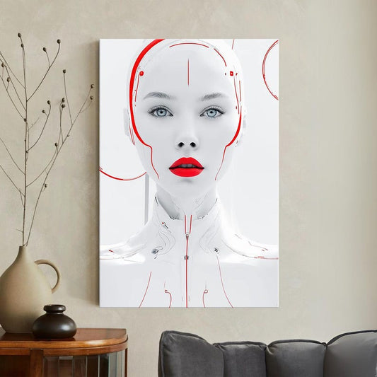 Sci Fi Cyborg Woman Canvas Wall Art, Futuristic Red White Portrait Print