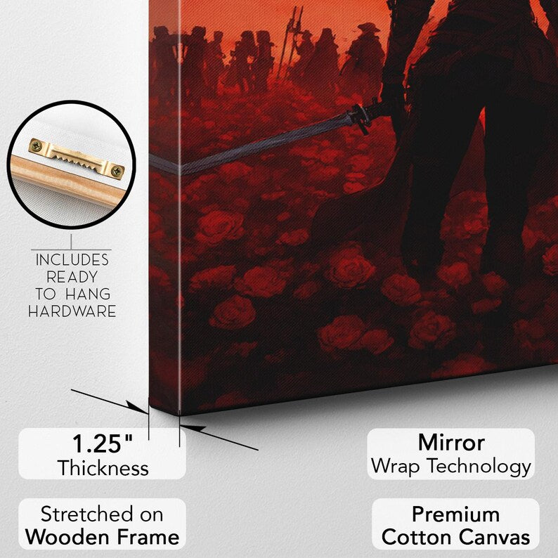 Epic Fantasy Warrior Canvas Print, Red Rose Field Wall Art, Dramatic Sunset Home Decor Gift