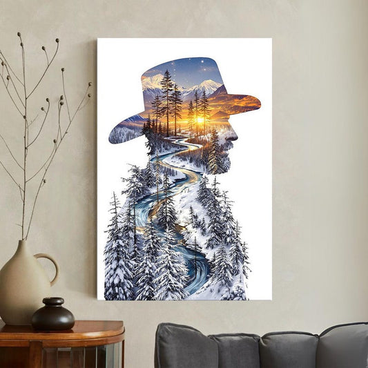Winter Mountain Landscape Canvas Print | Man Silhouette with Cowboy Hat | Rustic Nature Wall Art | Gift For Him