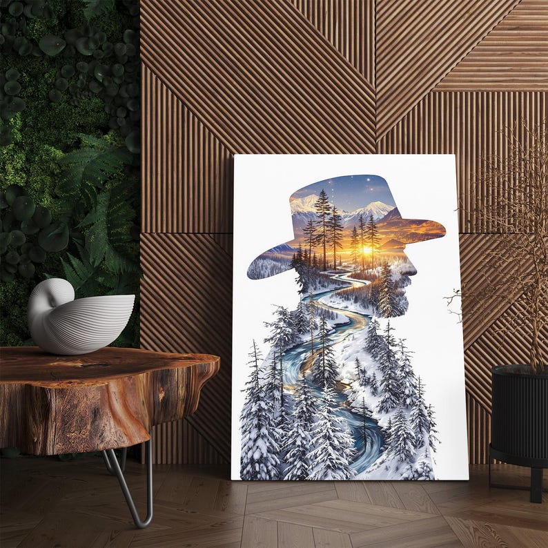 Winter Mountain Landscape Canvas Print | Man Silhouette with Cowboy Hat | Rustic Nature Wall Art | Gift For Him