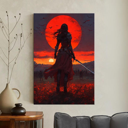 Dark Fantasy Warrior Canvas Print, Epic Red Moon Battle Scene Wall Art, Gothic Home Decor, Gift for Him