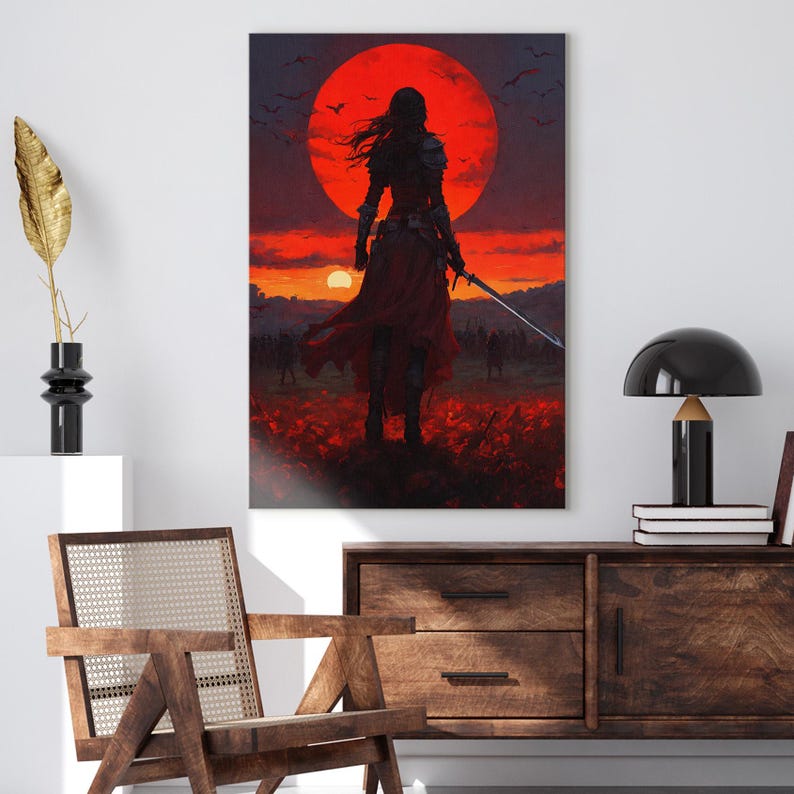 Dark Fantasy Warrior Canvas Print, Epic Red Moon Battle Scene Wall Art, Gothic Home Decor, Gift for Him