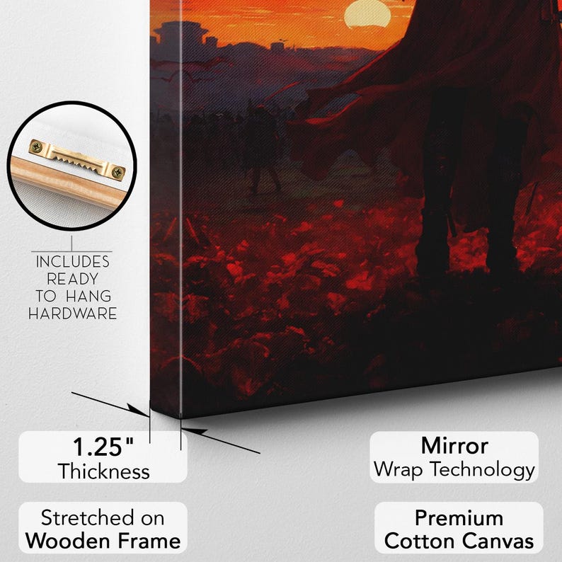 Dark Fantasy Warrior Canvas Print, Epic Red Moon Battle Scene Wall Art, Gothic Home Decor, Gift for Him
