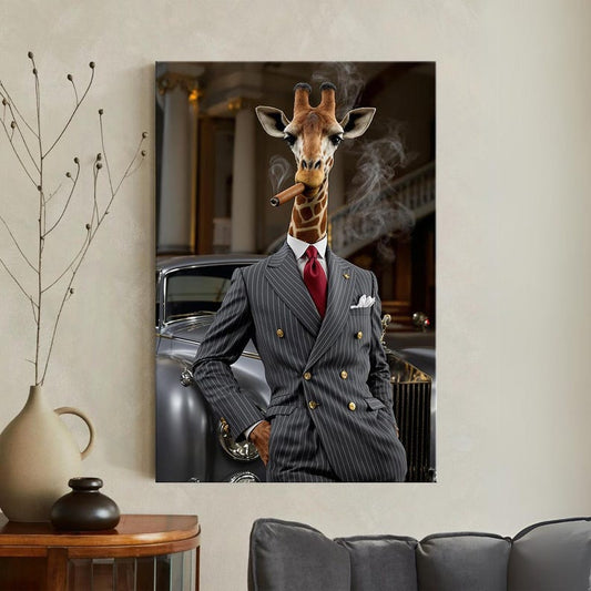Dapper Giraffe Smoking Cigar Canvas Print | Unique Animal in Suit Wall Art | Gentleman Giraffe Art