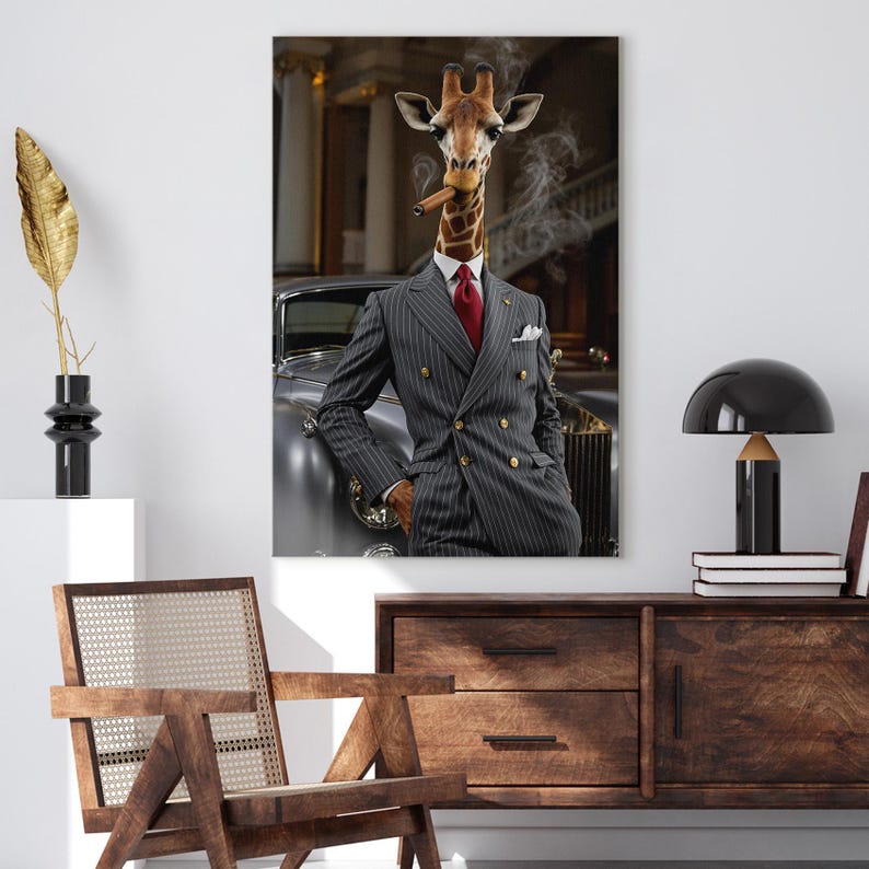 Dapper Giraffe Smoking Cigar Canvas Print | Unique Animal in Suit Wall Art | Gentleman Giraffe Art