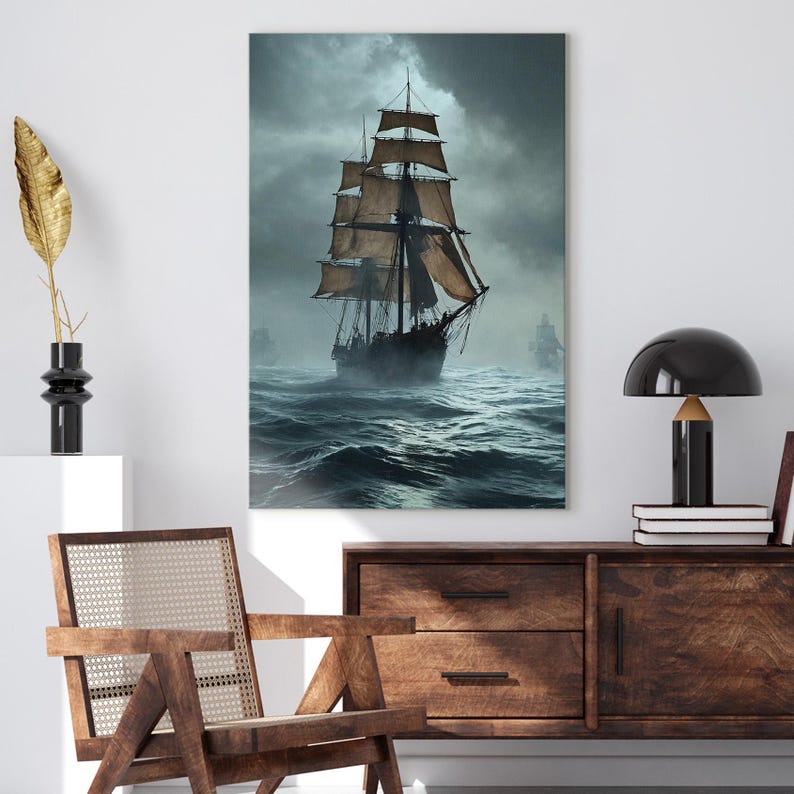 Epic Tall Ship Canvas Print, Stormy Sea Sailing Art, Nautical Wall Decor