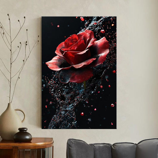 Red Rose Water Splash Canvas Print | Dramatic Dark Floral Wall Art | Romantic Bedroom Home Decor Gift