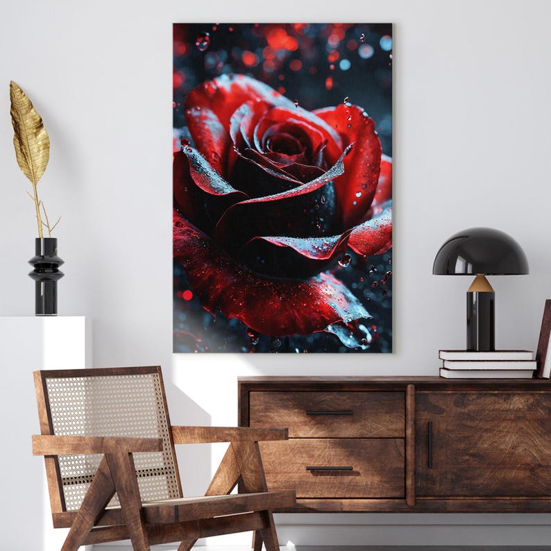 Moody Red Rose Canvas Print, Water Droplets Wall Art, Dark Floral Decor, Romantic Bedroom Art, Luxury Home Decor Gift