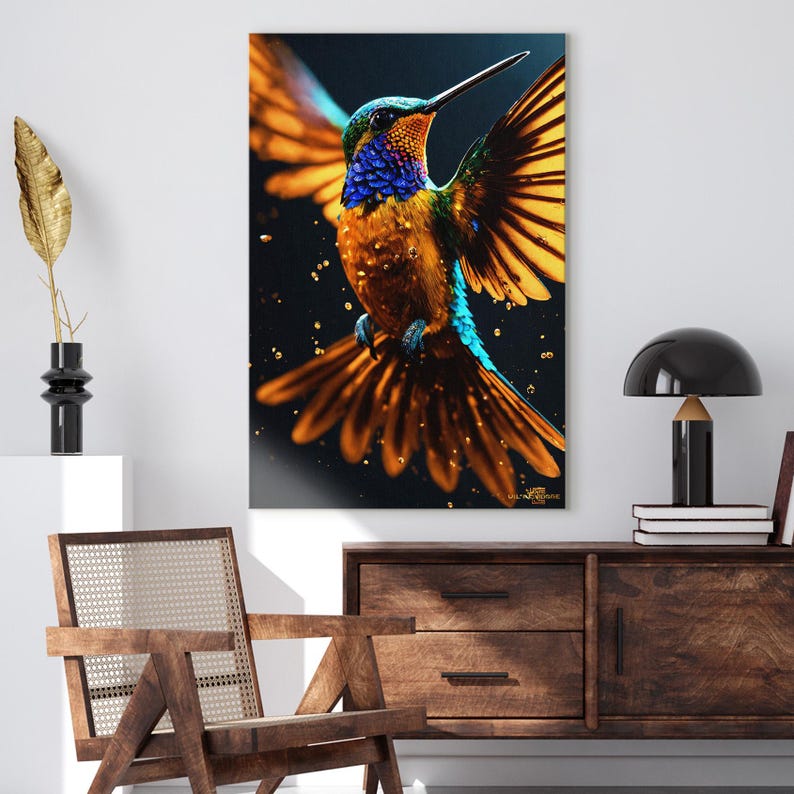 Hummingbird Canvas Print | Vibrant Colorful Bird Wall Art with Gold Dust | Exotic Home Decor | Nature Art Ready to Hang, Large Canvas