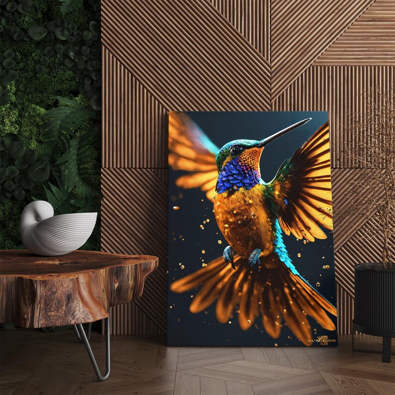 Hummingbird Canvas Print | Vibrant Colorful Bird Wall Art with Gold Dust | Exotic Home Decor | Nature Art Ready to Hang, Large Canvas