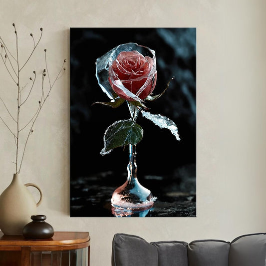 Dramatic Frozen Rose Wall Art | Ice Flower Canvas Print | Unique Floral Home Decor