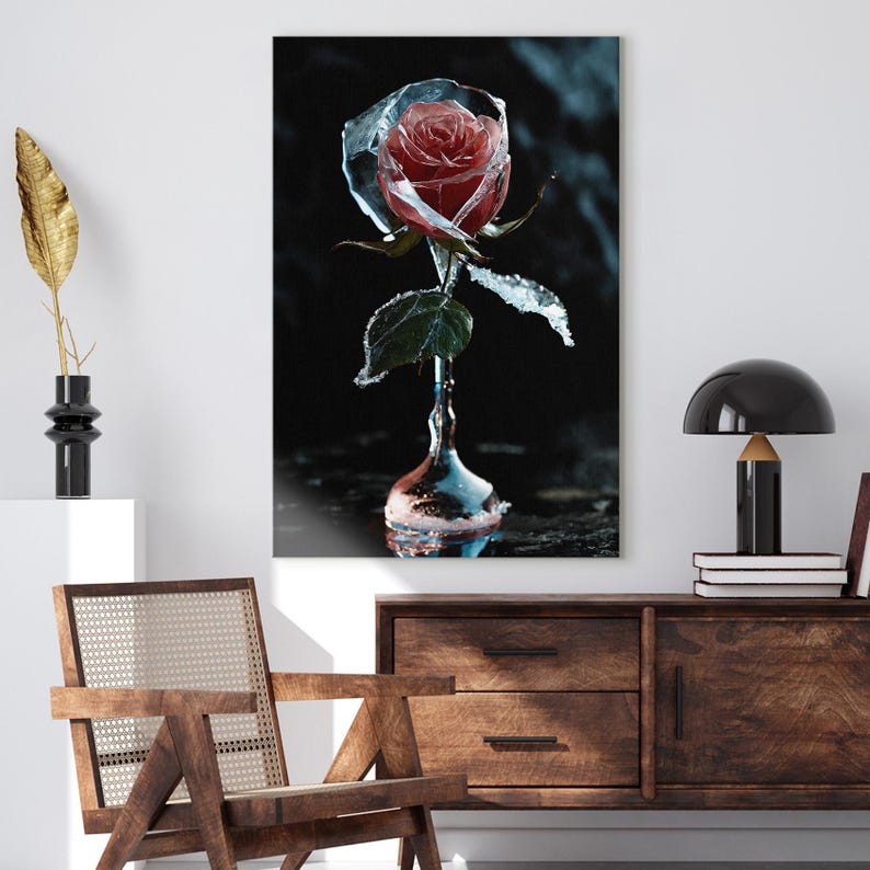Dramatic Frozen Rose Wall Art | Ice Flower Canvas Print | Unique Floral Home Decor