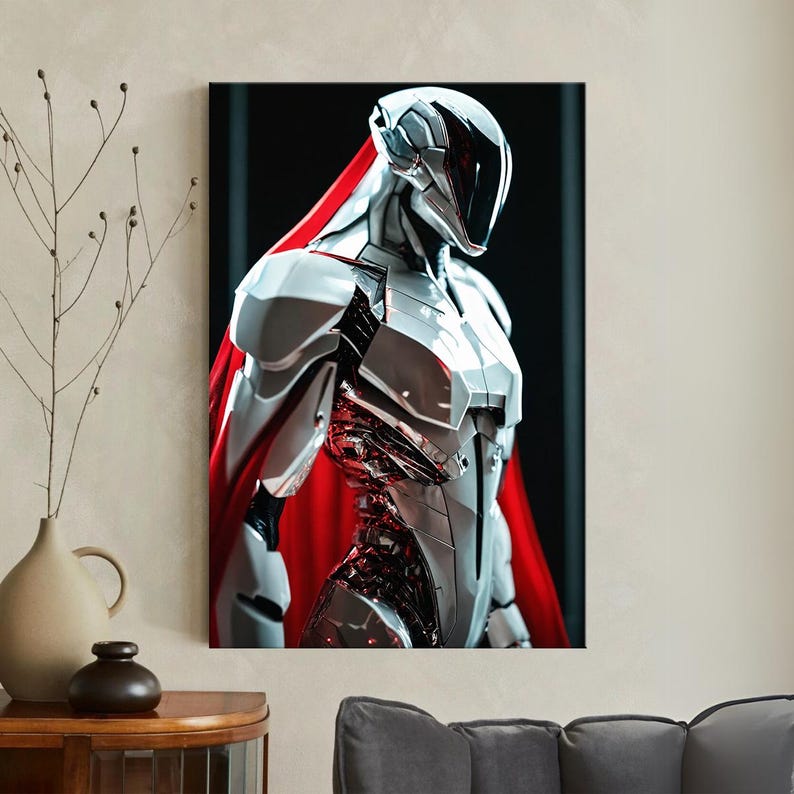 Futuristic Robot Wall Art, Cyberpunk Sci Fi Canvas Print, Metallic Silver & Red Decor, Gift for Him