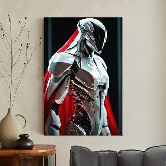 Futuristic Robot Wall Art, Cyberpunk Sci Fi Canvas Print, Metallic Silver & Red Decor, Gift for Him