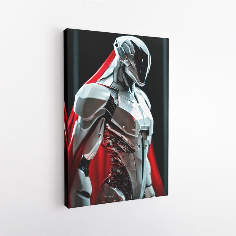 Futuristic Robot Wall Art, Cyberpunk Sci Fi Canvas Print, Metallic Silver & Red Decor, Gift for Him