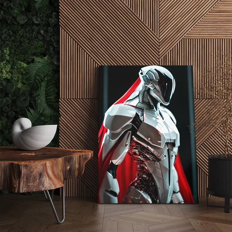 Futuristic Robot Wall Art, Cyberpunk Sci Fi Canvas Print, Metallic Silver & Red Decor, Gift for Him