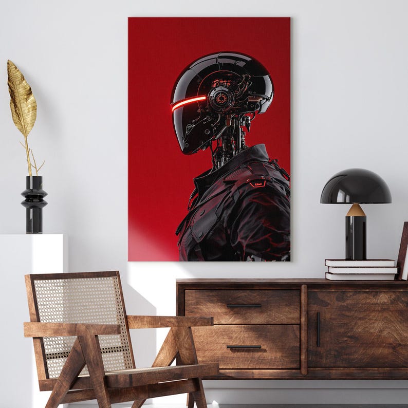 Sci-Fi Robot Canvas Print, Cyberpunk Wall Art, Futuristic Red and Black Cyborg Decor
